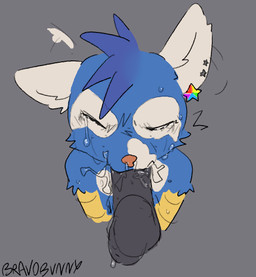 anthro blue_body blue_fur bodily_fluids crying duo fur genitals grey_background grey_penis male male/male orange_nose penis penis_in_mouth questionable_consent rainbow_star simple_background tan_ears tears bravobunny canid canine mammal half-length_portrait portrait