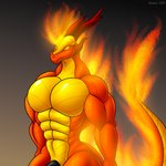 abs abstract_background anthro belly black_penis fire flaming_hair flaming_mane flaming_tail genitals horn male muscular muscular_male nude pecs penis penis_base pseudo_hair pseudo_mane red_body solo standing tail yellow_belly ahkvenir mythology dragon mythological_creature mythological_scalie scalie 1:1 half-length_portrait hi_res portrait