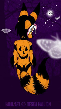 anthro back_markings black_body black_fur black_hair butt feral fluffy fluffy_tail flying fur hair holidays long_ears looking_at_viewer looking_back male markings moon night nude orange_body orange_fur outside pink_hair rear_view short_hair sky solo star starry_sky stripes tail white_hair yellow_eyes kakumatsurou halloween kaku_q._spookaboo ambient_arthropod ambient_insect ambient_moth arthropod canid canine fox insect lepidopteran mammal moth spookaboo_(species) 2004 color_contrast partially_colored