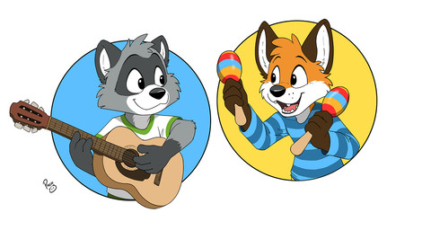 acoustic_guitar anthro bottomwear cheek_tuft clothed clothing duo facial_tuft feet_together footwear fully_clothed gloves_(marking) guitar happy head_tuft male male/male maraca markings multicolored_tail musical_instrument open_mouth open_smile outside pants percussion_instrument plant plantigrade plucked_string_instrument shirt shoes simple_background smile string_instrument stripes tail tail_markings topwear tuft white_background young young_anthro pandapaco art_(pandapaco) biro_(pandapaco) canid canine fox mammal procyonid raccoon 2020 digital_media_(artwork) signature