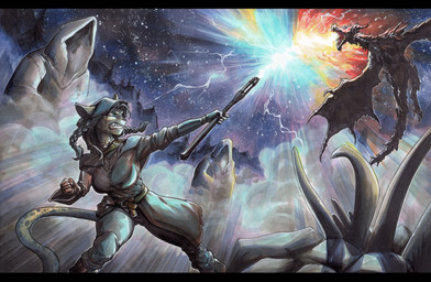 5_fingers anthro armor biped blue_eyes detailed_background duo female fingers fur leather leather_armor membrane_(anatomy) membranous_wings outside sky star starry_sky wings yellow_body yellow_fur ewgengster bethesda_game_studios european_mythology microsoft mythology skyrim the_elder_scrolls alduin wabbajack dragon felid khajiit mammal mythological_creature mythological_scalie scalie western_dragon 2026 absurd_res hi_res traditional_media_(artwork)