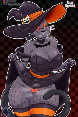 anthro bedroom_eyes black_clothing black_ears black_tail clothing costume feline_tail female footwear fur green_eyes grey_body grey_fur grey_skin halloween_costume hat headgear headwear holidays huge_thighs legwear magic_user musk narrowed_eyes nervous orange_clothing seductive small_waist socks solo stockings suggestive tail thick_thighs witch witch_costume witch_hat skay_smidyth_samuel beat_banger bunfan_games halloween cathy_smith domestic_cat felid feline felis mammal 2:3 absurd_res hi_res