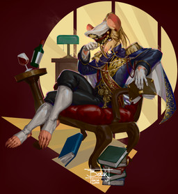 abstract_background anthro biped blonde_hair book clothing crossed_legs epaulet footwear gloves hair handwear holding_book holding_object lamp looking_at_viewer military_uniform sash sitting smile socks solo stirrup_legwear stirrup_socks tipping_hat uniform botak mammal mouse murid murine rat rodent 2025 digital_media_(artwork) digital_painting_(artwork) hi_res painting_(artwork)