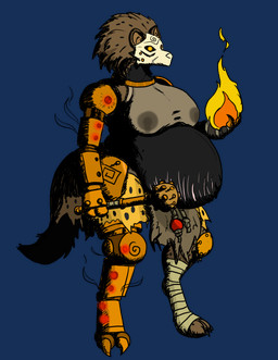 bodily_fluids bottomwear breasts clothing cybernetic_arm cybernetic_limb cybernetics elemental_manipulation female fire fire_manipulation lactating loincloth mace machine mask melee_weapon pregnant solo stretch_marks thick_thighs weapon wide_hips vwpologt gnoll humanoid hyena mammal alpha_channel hi_res