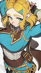 blonde_hair breasts clothing female fingerless_gloves gloves green_eyes hair handwear humanoid_pointy_ears light_body light_skin not_furry pointy_ears simple_background solo hata4564 nintendo the_legend_of_zelda princess_zelda elf humanoid hylian 2023 hi_res signature