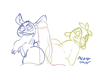 4_fingers antennae_(anatomy) anthro big_butt buckteeth butt claws collaborative collaborative_hot_dogging collaborative_sex dipstick_antennae erection finger_claws fingers fur genitals glans group head_tuft hot_dogging humanoid_genitalia humanoid_penis male male/male multicolored_antennae notched_ear open_mouth open_smile penis sex simple_background small_tail smile tail teeth text trio tuft white_background ancientonyx disney lilo_and_stitch reuben_(lilo_and_stitch) stitch_(lilo_and_stitch) alien experiment_(lilo_and_stitch) 2024 absurd_res artist_name digital_drawing_(artwork) digital_media_(artwork) hi_res restricted_palette sketch