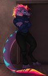 ambiguous_gender anthro big_ears big_tail blue_stripes clothing dark_eyelids door doorway fin green_eyes inside kippers_(mahtigwess) purple_body purple_skin solo stripes sweater tail teeth topwear turtleneck whiskers verinity_v eel fish marine massiu absurd_res colored hi_res