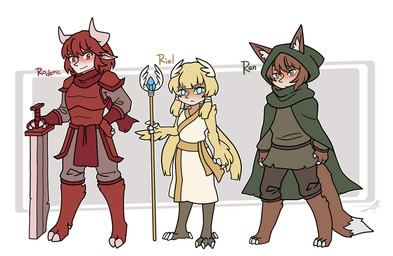 armor blonde_hair blue_eyes brown_hair clawed_hands claws clothed clothing female green_eyes group hair head_wings male melee_weapon red_eyes red_hair staff sword toe_claws unusual_wing_placement weapon wings shriekingmagpie avian bovid bovine canid canine fox humanoid mammal hi_res model_sheet
