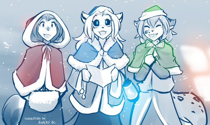 anthro black_sclera blue_background cape christmas_clothing christmas_headwear clothed clothing eyes_closed female fur glowing glowing_eyes group hat headgear headwear holding_object holidays hood lamp lantern looking_at_viewer markings open_mouth open_smile outside santa_hat simple_background singing smile snow spots spotted_body spotted_fur trio winter winter_coat conditional_dnp tom_fischbach christmas twokinds kathrin_vaughan laura_(twokinds) willow_wisp canid canine felid fox hybrid keidran lion mammal pantherine red_fox spirit true_fox will-o'-the-wisp 2021 adobe_photoshop_(artwork) digital_media_(artwork) hi_res restricted_palette sketch