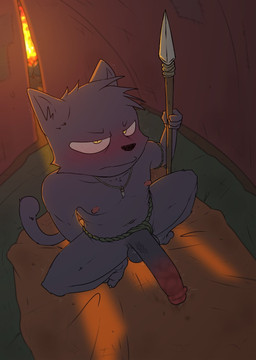 anthro big_penis blush bottomwear bottomwear_aside clothing clothing_aside fire genitals humanoid_genitalia humanoid_penis loincloth loincloth_aside male melee_weapon penis polearm solo spear tribal weapon postel domestic_cat felid feline felis mammal hi_res