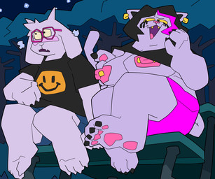 alternative_fashion anthro bench black_claws black_clothing black_hair black_shirt black_t-shirt black_topwear blush bottomwear breasts claws clothed clothing clothing_lift duo ear_piercing ear_ring eyewear feet female female_anthro forest fur glasses goth hair highlights_(coloring) hindpaw makeup male male_anthro mascara night nipple_piercing nipples outside overweight overweight_anthro overweight_female pawpads paws piercing pink_eyewear pink_glasses pink_highlights pink_nipples plant ring_piercing shirt shirt_lift shorts sitting t-shirt tail topwear tree white_body white_fur yellow_sclera peeppepi deltarune undertale undertale_(series) asriel_dreemurr catti_cattenheimer boss_monster_(undertale) bovid caprine domestic_cat felid feline felis mammal 2025 6:5 absurd_res colored digital_drawing_(artwork) digital_media_(artwork) hi_res