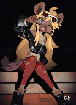 anthro biped bottomwear breasts claws clothed clothed_anthro clothed_female clothing countershade_torso countershading female fingers footwear front_view fully_clothed fully_clothed_anthro fully_clothed_female fur hair looking_at_viewer shoes sitting smile solo spots tail teeth tongue topwear el-k vtuber buchiage_hannah hyena mammal 2026 absurd_res digital_drawing_(artwork) digital_media_(artwork) hi_res