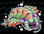 ambiguous_gender antennae_(anatomy) body_in_mouth caught_in_the_act duo feral fin green_body markings multicolored_body predator/prey purple_body purple_eyes red_markings scales x_eyes coyolscribbles anomalocarid anomalocaris arthropod marine prehistoric_species trilobite 2019 digital_drawing_(artwork) digital_media_(artwork)