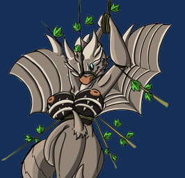 anthro anthrofied bdsm big_breasts black_sclera blue_eyes bondage bound breasts female hands_tied horn leaf membrane_(anatomy) membranous_wings muzzle_(object) muzzled nipples non-mammal_breasts non-mammal_nipples nude plant raised_leg solo tail vines wings vono capcom monster_hunter mythology dragon elder_dragon kushala_daora mythological_creature mythological_scalie scalie alpha_channel