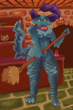anthro arm_tuft barely_visible_breasts bell belly_tuft big_breasts big_butt blue_body blue_fur blue_hair book bookshelf bow_accessory bow_ribbon bow_tie breasts brick brick_wall broom butt cheek_tuft chest_fur chest_tuft cleaning_tool clothing container cup desk dungeon elbow_tuft facial_tuft facing_forward female fingers fishnet_clothing fishnet_legwear fluffy fluffy_tail front_view fur furniture genitals glass glass_container glass_cup gold_bell hair hat headgear headwear heart_shaped_tongue holding_object holidays jar knee_tuft leaning leg_tuft legwear lingere looking_at_viewer nails nipples nude open_mouth orange_bow_ribbon orange_eyes penis_shaped_bottle pink_nipples pink_vulva pubes purple_clothing purple_hat purple_headwear purple_scarf red_brick scarf shoulder_tuft smile smiling_at_viewer snagletooth solo spread_legs spreading standing table tail tail_tuft teeth text thick_thighs tongue tuft vulva wall_(structure) witch_broom witch_hat wood_roof koffeecake floraverse halloween mythology alice_(floraverse) domestic_cat felid feline felis mammal mythological_creature 2025 2:3 absurd_res artist_name colored digital_drawing_(artwork) digital_media_(artwork) digital_painting_(artwork) full-length_portrait hi_res painting_(artwork) portrait shaded signature