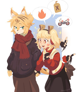 :3 anthro blonde_hair blush blush_stickers bottomwear cheek_tuft clothed clothing duo ear_tuft earmuffs facial_tuft female female/female fingerless_gloves fire fur gas_canister gloves green_eyes hair hair_bun handwear looking_at_another looking_at_partner motorcycle open_mouth pigtails romantic romantic_couple scarf simple_background skirt smile sparkles sparkling_eyes speech_bubble sweater tail talking_to_another teeth topwear tuft turtleneck twintails_(hairstyle) vehicle vest white_body winter_clothing winter_coat yellow_body yellow_fur mangedugruau mihoyo zenless_zone_zero burnice_white pulchra_fellini felid feline human mammal thiren 2024 absurd_res digital_media_(artwork) hi_res