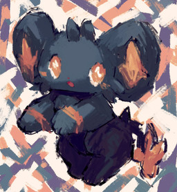 abstract_background ambiguous_feral ambiguous_gender black_body blue_body cheek_spots cheek_tuft chibi facial_tuft feral head_tuft looking_aside on_hind_legs open_mouth painterly quadruped solo tail tuft yellow_eyes petday nintendo pokemon generation_4_pokemon pokemon_(species) shinx 2022 hi_res