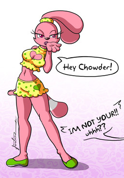 aged_up anthro breasts cleavage_cutout clothing cutout dialogue female footwear fur midriff name_drop navel pink_body pink_fur ponytail_ears purple_eyes shoes solo text furboz cartoon_network chowder_(series) panini_(chowder) domestic_cat felid feline felis hybrid lagomorph leporid mammal rabbit 2010 english_text source_request unavailable_at_source
