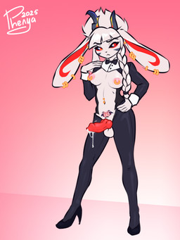 anthro antlers balls black_sclera bodily_fluids bow_tie braided_hair braided_ponytail breasts clothing dripping ear_piercing ear_ring footwear genital_fluids genitals gynomorph hair hand_on_hip heterochromia high_heels horn intersex knot knotted_penis navel navel_piercing nipple_piercing nipple_ring nipples penis piercing ponytail precum precum_drip ring_piercing shoes solo womb_tattoo phenyanyanya jackalope lagomorph mammal 2025 hi_res