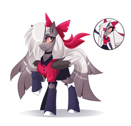 accessory black_bottomwear black_clothing black_eyes black_skirt bottomwear bow_ribbon choker clothing female feral footwear grey_hair hair hair_accessory hair_bow hair_ribbon hooves jewelry long_hair multicolored_hair necklace ponification red_clothing red_sclera red_shirt red_topwear ribbons shirt skirt socks solo topwear two_tone_hair white_hair wings buvanybu hasbro hazbin_hotel hellaverse my_little_pony mythology vaggie_(hazbin_hotel) angel equid equine fallen_angel humanoid mammal mythological_creature mythological_equine pegasus absurd_res hi_res