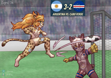 anthro ball balls breasts female football_gear football_player genitals goal humanoid_genitalia humanoid_penis humanoid_vulva male nipples nude penis playing smile soccer soccer_ball sport vulva world_cup young liryal savanna_(liryal) bovid caprine cheetah felid feline goat mammal absurd_res hi_res