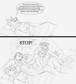 alternate_species annoyed anthro bed before_and_after breasts clothing dialogue dreadlocks female fur furniture group horn lying male membrane_(anatomy) membranous_wings on_back on_bed open_mouth shirt simple_background smile spade_tail tail text topwear white_background wings wargtress paizo pathfinder pathfinder:_wrath_of_the_righteous arueshalae lann_(pathfinder:_wrath_of_the_righteous) nenio seelah woljif_jefto canid canine demon felid fox mammal reptile scalie 2025 digital_media_(artwork) english_text hi_res monochrome