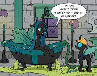 bath bathtub duo female feral humor insect_wings male text water wings pony-berserker friendship_is_magic hasbro my_little_pony berzie_(oc) drone_(mlp) queen_chrysalis_(mlp) arthropod changeling_(mlp) 2014 english_text hi_res