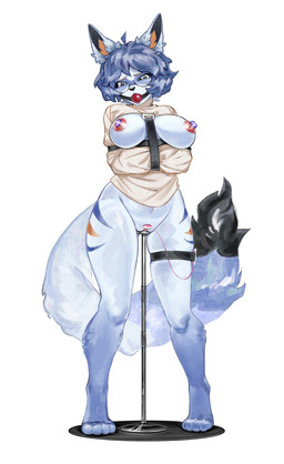 anthro arms_tied ball_gag bdsm belt belt_bondage big_breasts black_sclera blue_body blue_hair bondage bound breasts clothed clothing curvy_figure dildo dildo_sitting embarrassed female fluffy forced forced_orgasm fur gag genitals hair humiliation long_tail medical_bondage multicolored_body multicolored_fur nipples one-bar_prison orgasm partially_clothed penetration red_nipples restraints sex_toy short_hair simple_background solo standing straight_legs straitjacket tail thick_thighs vibrator vibrator_on_clitoris vibrators_on_nipples vulva white_background white_body wide_hips kantoku cirrus_(cirrusol) arctic_fox canid canine fox mammal true_fox absurd_res colored full-length_portrait hi_res portrait shaded