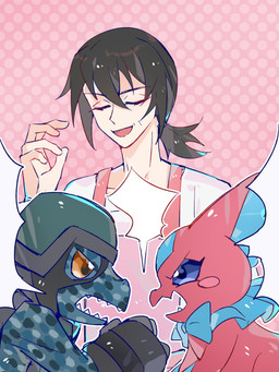 angry anthro argument armor black_hair blue_body claws clothing female fighting_over_boy frill_(anatomy) gloves group hair handwear headgear helmet male pink_body ponytail sharp_teeth teeth trio chessyer bandai_namco digimon digimon_beatbreak haruomi_sone commandramon digimon_(species) elizamon human mammal scalie 3:4 absurd_res hi_res