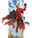 action_pose anthro blonde_hair blue_bottomwear blue_clothing blue_eyes blue_sky bottomwear brown_body brown_bottomwear brown_clothing brown_fur brown_gloves brown_handwear clothed clothing eyewear fangs front_view fur glasses gloves grass hair handwear looking_at_viewer male open_mouth outside plant pose red_clothing red_topwear round_glasses sky solo tan_body tan_fur teeth text tinted_glasses topwear marie_merkh vash_the_stampede felid mammal absurd_res artist_name hi_res