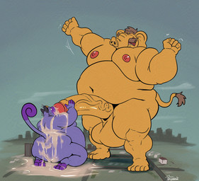 anthro balls belly big_balls big_belly big_butt big_penis bodily_fluids butt cum cum_on_body erection eyebrows facial_hair feet furbait genital_fluids genitals glans huge_balls huge_butt huge_penis hyper hyper_balls hyper_genitalia hyper_penis macro male male/male micro musclegut muscular mustache navel nipples nude orange_body orgasm overweight overweight_male penis purple_body size_difference thick_calves toes vein veiny_penis uniparasite nintendo pokemon appledectomy elephant elephantid generation_1_pokemon mammal meowth pokemon_(species) proboscidean adversarial_noise hi_res