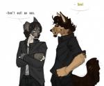 anthro beard clothed clothing duo facial_hair fur hair male open_mouth standing text l-i-t-t-l-e_f-i-r-e canid canine mammal english_text