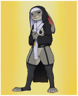 anthro bottomless breasts clothed clothing cross cross_necklace female fur genitals grey_body grey_fur jewelry legwear looking_at_viewer necklace nipple_tape nun nun_outfit pasties simple_background smile smirk solo stockings tape thick_thighs vulva wide_hips tall_lizzard disney zootopia judy_hopps lagomorph leporid mammal rabbit digital_media_(artwork) hi_res