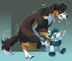 blush bodily_fluids clenched_teeth cum cum_from_mouth cum_in_mouth cum_inside duo feral genital_fluids grinding male masturbation obscured_penetration on_hind_legs penetration penile penile_masturbation penile_penetration plushie plushie_humping plushophilia solo tail tail_motion tailwag teeth feralfather bernese_mountain_dog canid canine canis domestic_dog fox mammal molosser mountain_dog swiss_mountain_dog hi_res