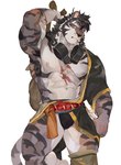 abdominal_scar abs anthro arm_scar asian_clothing bag barazoku belt biceps black_hair chest_scar clothed clothing cuff_(restraint) east_asian_clothing eye_scar facial_scar fundoshi fur hair hand_scar handcuffs holding_bag japanese_clothing male metal_cuffs multicolored_body multicolored_fur muscular muscular_thighs nipples open_clothing purple_hair restraints rope rope_belt scar simple_background snout snout_scar solo striped_body striped_fur stripes underwear white_background white_body white_fur yellow_eyes seatohao sdorica yao_(sdorica) felid mammal pantherine tiger 2023 hi_res