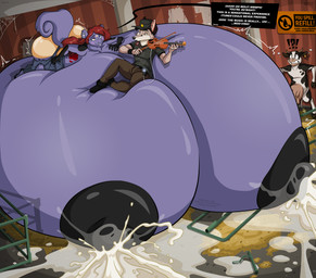 anthro areola big_breasts big_butt black_areola black_nipples black_speech_bubble bodily_fluids bowed_string_instrument breast_expansion breasts butt butt_expansion dialogue electronics expansion female group heart_symbol horn huge_breasts hyper hyper_breasts inflation interrobang lactating male milk musical_instrument nipples polygonal_speech_bubble portable_music_player projectile_lactation speech_bubble string_instrument text trio violin wolfjedisamuel apple_inc. ipod jaquie_(bustedconscious) wolf_j._samuel bovid bovine canid canine canis cattle mammal rodent sciurid tree_squirrel wolf 2017 absurd_res english_text hi_res