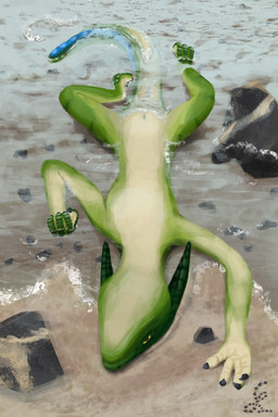3_toes 4_fingers animal_genitalia beach claws cloaca countershading feet female female_feral feral fingers genitals green_body grey_claws outside partially_submerged rock sand scales solo tail toes water f277f4 keie lisko lizard reptile scalie 2025 2:3 absurd_res digital_drawing_(artwork) digital_media_(artwork) hi_res shaded signature