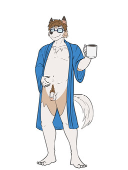 anthro belly beverage circumcised clothing coffee coffee_mug eyewear flaccid genitals glasses male navel nipples penis pubes robe robe_only smile solo fuze nintendo pokemon generation_7_pokemon lycanroc pokemon_(species) 3:4 hi_res