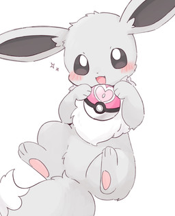 blush blush_lines fangs featureless_crotch feral fur grey_body grey_eyes grey_fur holding_object looking_at_viewer love_ball open_mouth pawpads paws pokeball simple_background solo sparkles tail teeth tongue rairaidiot nintendo pokemon eevee generation_1_pokemon pokemon_(species) shiny_pokemon 2025 hi_res