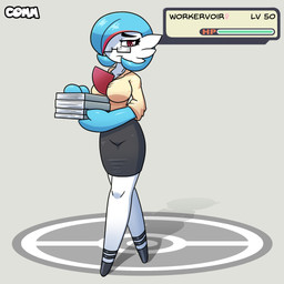 anthro blue_body blue_skin book breasts chest_spike clothed clothing eye_bags eyelashes eyewear female glasses long_eyelashes number office_clothing office_lady paperwork pokeball pseudo_hair rectangular_glasses simple_background solo spikes spikes_(anatomy) tear_trough text tired tired_eyes walking white_body white_skin bruhmynameisdylan nintendo pokemon gardevoir generation_3_pokemon humanoid pokemon_(species) shiny_pokemon 1:1 english_text hi_res