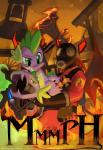 axe burning clothing crossover dragon duo english_text feral fire flame_pattern flamethrower friendship_is_magic gas_mask gloves green_eyes gun handwear hasbro hi_res horn human mahsira male mammal mask melee_weapon my_little_pony mythological_creature mythological_scalie mythology open_mouth pyro_(team_fortress_2) ranged_weapon scalie smile spike_(mlp) tail team_fortress_2 teeth text valve weapon