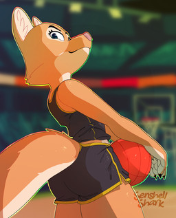 anthro ball basketball_(ball) basketball_court basketball_uniform blurred_background bottomwear brown_body brown_fur butt claws clothing female fur holding_basketball looking_at_viewer pink_nose shirt shorts smile solo sportswear tail tank_top topwear uniform colabun dreamworks the_bad_guys diane_foxington canid canine fox mammal 2025 absurd_res digital_media_(artwork) hi_res