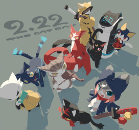 :3 :< ambiguous_anthro ambiguous_feral ambiguous_gender anthro barefoot biped black_body black_ears black_fur black_tail blue_body blue_clothing blue_eyes blue_fur blue_pupils blue_tail bottomless bottomless_anthro bowed_string_instrument brown_body brown_ears brown_fur cheek_tuft claws clothed clothing coat collar collar_tag countershade_face countershade_fur countershade_torso countershading dipstick_tail eye_patch eyewear facial_markings facial_tuft feet feral footprint forehead_markings fully_clothed fur furgonomic_headwear furgonomic_hood furgonomics gloves_(marking) grey_background grey_body grey_fur group head_markings high-angle_view holding_melee_weapon holding_musical_instrument holding_object holding_sword holding_violin holding_weapon kemono kerchief large_group leg_markings looking_at_another looking_at_viewer machine markings melee_weapon membrane_(anatomy) membranous_wings monotone_body monotone_fur monotone_tail multicolored_body multicolored_fur multicolored_tail musical_instrument neckerchief neckwear open_mouth open_smile pawprint pawprint_(marking) pupils quadruped red_body red_clothing red_ears red_eyes red_fur red_kerchief red_markings red_neckerchief red_shirt red_tail red_topwear red_wings shirt simple_background slit_pupils smile socks_(marking) standing string_instrument striped_body striped_fur stripes sword tail tail_markings tail_motion tail_tuft tailwag text topwear tuft two_tone_body two_tone_fur two_tone_tail violin weapon whiskers white_body white_countershading white_ears white_fur white_pupils white_tail wing_claws wings yellow_clothing yellow_coat yellow_eyes yellow_pupils yellow_sclera yellow_topwear olyester animal_crossing arc_system_works blazblue capcom cat_day hi-fi_rush microsoft monster_hunter monster_hunter_stories_2:_wings_of_ruin nine_sols nintendo pokemon pudu_robotics red_candle_games sailor_moon_(series) tango_gameworks the_cat_and_the_dragon 808_(hi-fi_rush) jubei_(blazblue) luna_(sailor_moon) nekoryuu rover_(animal_crossing) tsukino_(monster_hunter_stories) yi_(nine_sols) bellabot domestic_cat felid feline felis felyne generation_7_pokemon litten lynian mammal palico pokemon_(species) robot solarian 2026 cel_shading colored crossover digital_media_(artwork) digital_painting_(artwork) english_text painting_(artwork) shaded female_(lore) male_(lore)