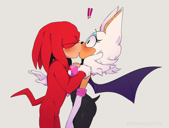 anthro back_wings big_ears blue_eyeshadow blush bodysuit breasts clothing duo exclamation_point eyeshadow female fur gloves handwear kissing makeup male membrane_(anatomy) membranous_wings naturally_unclothed red_body red_fur skinsuit tight_clothing white_body white_fur wings mythiilewdii sega sonic_the_hedgehog_(series) knuckles_the_echidna rouge_the_bat bat echidna mammal monotreme