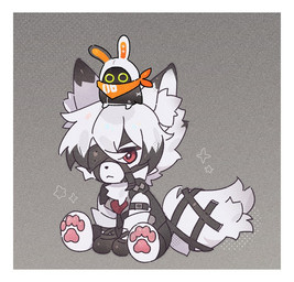 anthro border chibi duo fur harness leather leather_harness machine male pawpads sitting solo white_body white_border white_fur chiffonpaw mihoyo zenless_zone_zero eous_(zenless_zone_zero) von_lycaon bangboo canid canine canis mammal robot wolf full-length_portrait portrait