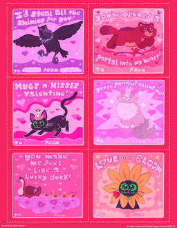 ambiguous_gender black_body black_feathers black_fur clothing crown eyes_closed feathers feet feral flower_hat fur glistening glistening_eyes green_eyes group hat headgear headwear heart_symbol holidays humor jewelry necklace paws pink_background pun simple_background snake_hat sparkles talons toes toony whiskers young shanhorandraws little_kitty_big_city valentine's_day crow_(lkbc) little_kitty_(lkbc) taffy_(lkbc) tanuki_(lkbc) anatid anseriform avian bird canid canine corvid corvus_(genus) crow domestic_cat duck felid feline felis mammal oscine passerine raccoon_dog tanuki 2025 hi_res official_art