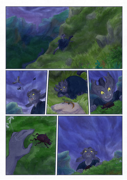 5_fingers ambiguous_gender anthro biped black_body black_fur black_tail clothing cloud cloudy_sky fangs feral fingers fur grass green_eyes horn outside plant raining shirt sky solo sprawling_gait tail teeth topwear yellow_sclera bjekkergauken imbali_(bjekkergauken) arthropod avian beetle bird insect lizard reptile scalie unknown_species 2025 colored comic hi_res