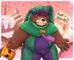 anthro belly black_nose blush brown_body brown_fur cake clothed clothing container cup dessert food fur male mug overweight overweight_male solo 06junior11 bear mammal 2024 hi_res