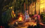 campfire camping candy cutie_mark day dessert detailed_background duo female feral fire food forest happy looking_at_another marshmallow outside plant sitting standing tent tree wings alumx friendship_is_magic hasbro my_little_pony mythology rainbow_dash_(mlp) scootaloo_(mlp) equid equine mammal mythological_creature mythological_equine pegasus absurd_res dated hi_res signature