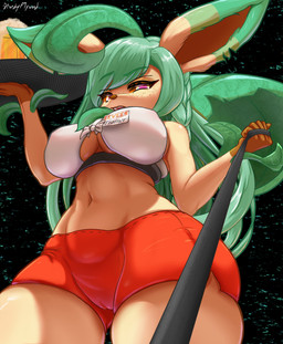 anthro big_breasts biped bottomwear braided_hair breasts camel_toe chest_tuft clothed clothed_anthro clothed_female clothing crop_top dipstick_ears dolphin_shorts dominant dominant_female ear_markings eyebrows eyelashes female female_anthro gloves_(marking) green_hair hair hooters_uniform hotpants leaf leaf_(anatomy) leash leash_pull leashed_viewer low-angle_view markings multicolored_ears pupils purple_pupils shirt shorts solo text topwear tray tuft sturdyplywood hooters nintendo pokemon eeveelution generation_4_pokemon leafeon pokemon_(species) absurd_res english_text hi_res